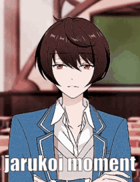 a cartoon of a boy with the words " jarukoi moment " written on his face