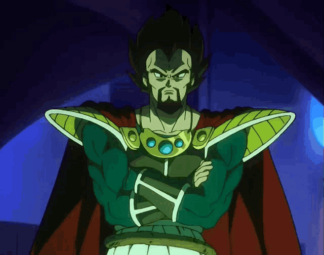 a man with a beard is wearing a green cape and a gold necklace