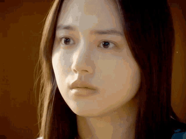 a close up of a woman 's face with long brown hair