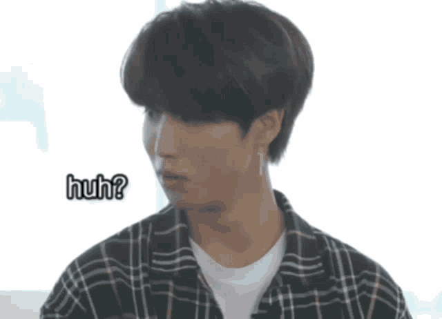 a young man in a plaid shirt is asking the question huh
