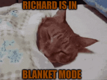 a cat is sleeping on a bed with the words richard is in blanket mode above it