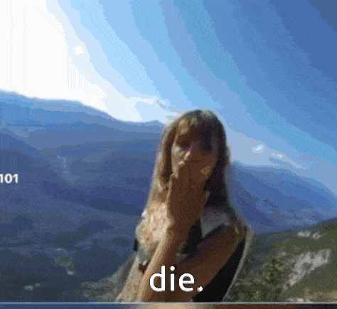 a blurred image of a woman covering her face with her hand and the word die written below her