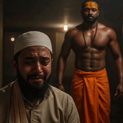 a man with a beard is crying in front of a shirtless man in orange pants .
