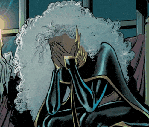 a cartoon of a woman with curly hair covering her face with her hands