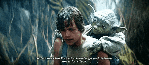 yoda is carrying a man on his back and says a jedi uses the force for knowledge and defense , never for attack