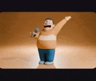 a cartoon character is holding a microphone in his hand and singing into it .
