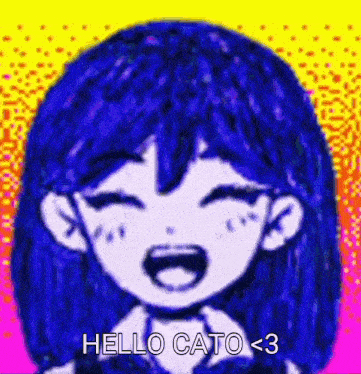 a cartoon girl with blue hair is smiling and says hello cato < 3
