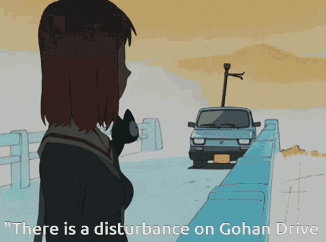 a cartoon drawing of a car with the words " there is a disturbance on gohan drive "