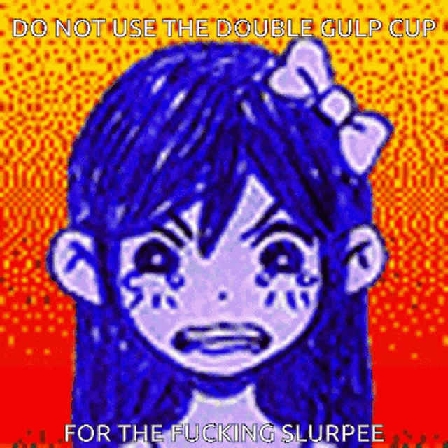 a pixel art of a girl with blue hair and a bow on her head with the words do not use the double gulp cup