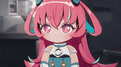 a cartoon character with pink hair and a circle around her neck