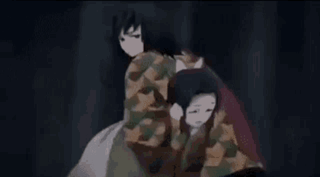 a couple of anime characters are standing next to each other .