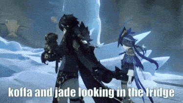 a screenshot of a video game with the words koffa and jade looking in the fridge at the bottom