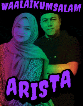 a man and a woman standing next to each other with the words waalaikumsalam arista on the bottom
