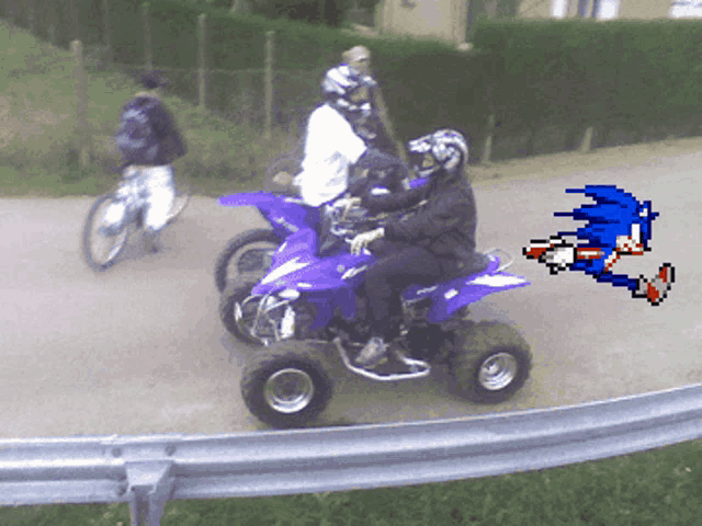 a pixelated image of sonic the hedgehog riding a four wheeler