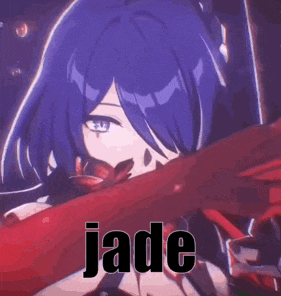 a girl with purple hair is holding a red scarf around her face and the word jade is written above her .