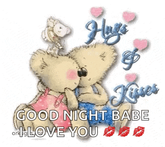 a couple of teddy bears kissing each other with the words `` good night babe '' .