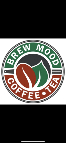 a logo for brew mood coffee tea with a coffee bean and leaves