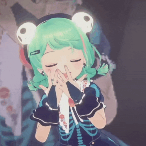 a girl with green hair and a frog headband covering her mouth with her hands