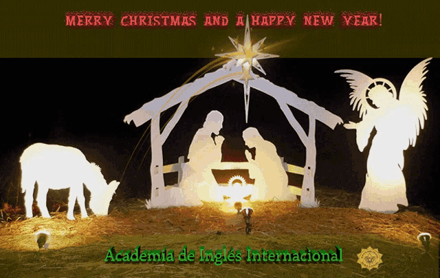 a nativity scene with the words merry christmas and happy new year