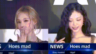 two women are sitting next to each other in front of a screen that says hoes mad news .
