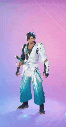 a man in a samurai costume is giving the peace sign