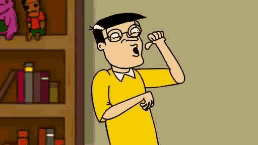 a cartoon man wearing glasses and a yellow shirt is making a funny face .