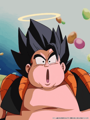 a cartoon character has a halo on his head and a surprised look on his face