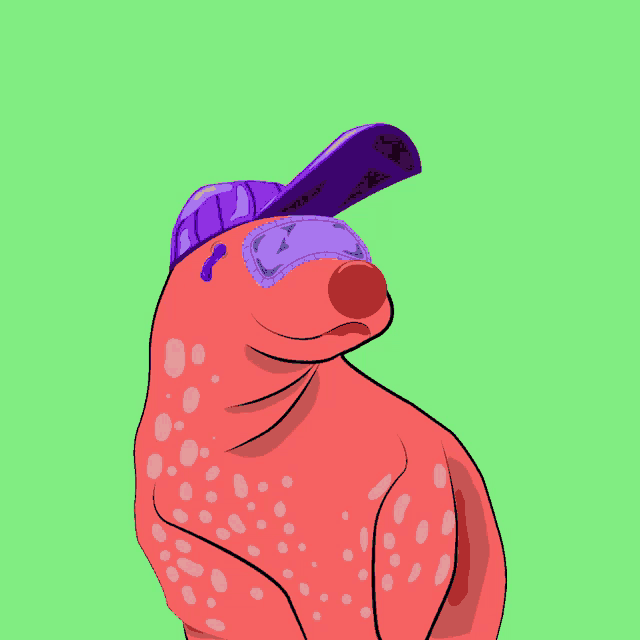 a cartoon drawing of a red frog wearing a purple hat and goggles