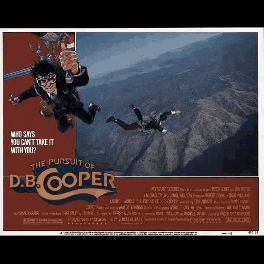 a poster for the pursuit of d.b. cooper shows a man flying through the air