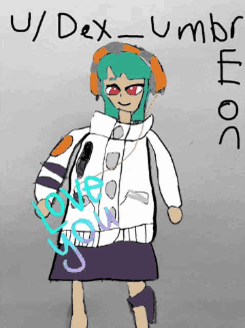 a drawing of a girl wearing headphones and a white jacket
