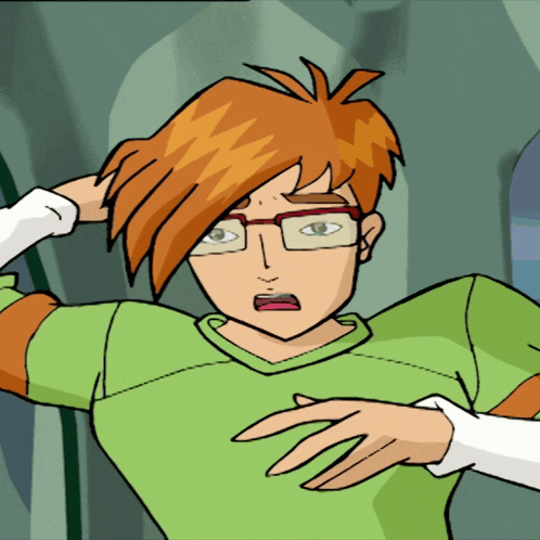 a cartoon character with red hair and glasses