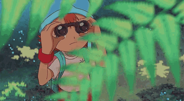 a cartoon girl is hiding behind a leaf and looking through it .