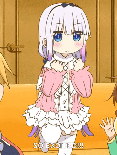 a cartoon of a girl with the words so excited written on the bottom