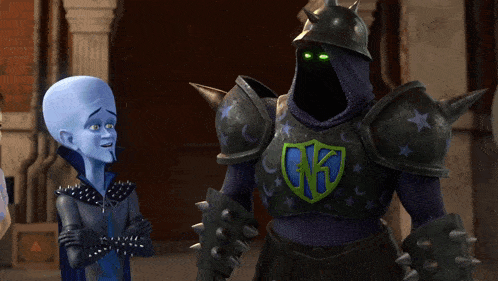 two cartoon characters are standing next to each other and one has a shield that says gk on it