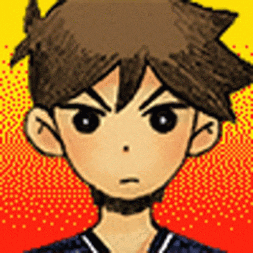 a pixel art drawing of a boy with brown hair and black eyes