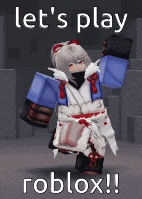 a girl in a kimono is dancing in front of a sign that says let 's play roblox !!!