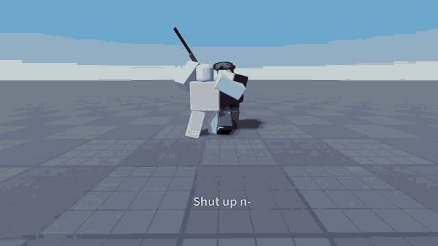 a cartoon character with a gun and the words shut up n- on the bottom