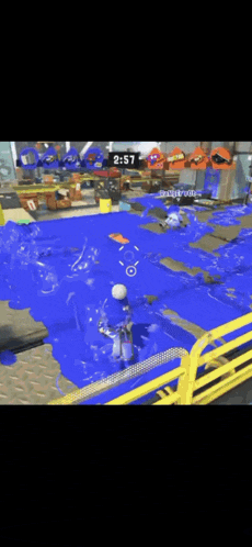 a person is playing a video game in a large body of water with a yellow fence .