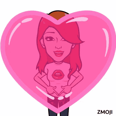 a cartoon woman is standing inside of a pink heart with her hands on her hips .