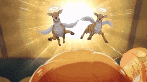 two deer with wings and halos are flying in the air