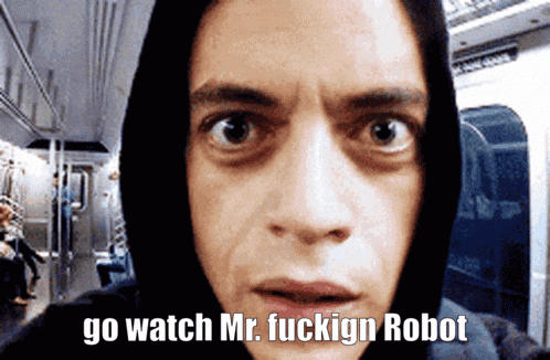 a man wearing a hooded jacket says " go watch mr. fuckign robot "
