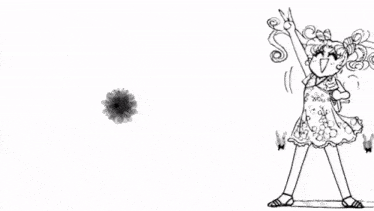 a black and white drawing of a girl standing in front of a bunch of flowers