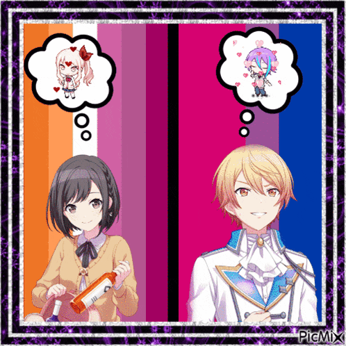 a boy and a girl are standing next to each other with speech bubbles above their heads