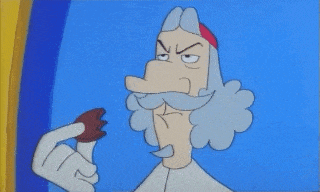 a cartoon of a man with a beard and mustache holding a piece of food