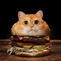 a cat is sitting on top of a hamburger on a cutting board .