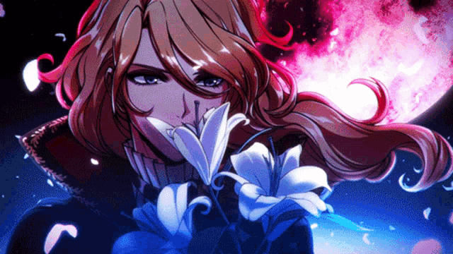 a woman with long hair is holding a flower in her mouth