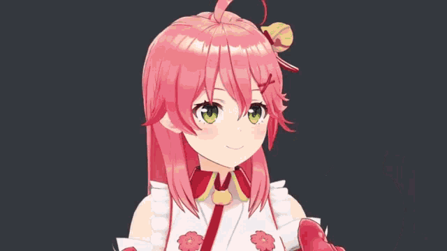 a pink haired anime girl is holding a pair of dice in her hand .