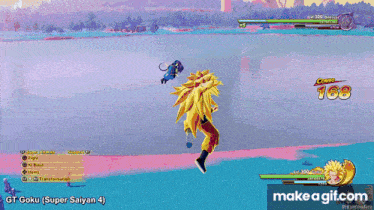 a screenshot of a video game with gt goku super saiyan 4