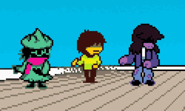 three pixel art characters are standing next to each other on a beach