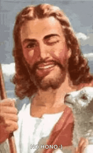 a painting of jesus holding a stick and a sheep .